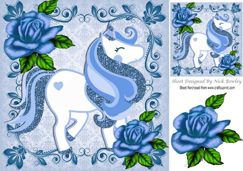 pretty blue glitter rose in ornate frame with blue unicorn 8x8