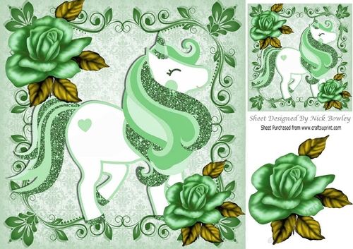 pretty green glitter rose in ornate frame with green unicorn 8x8