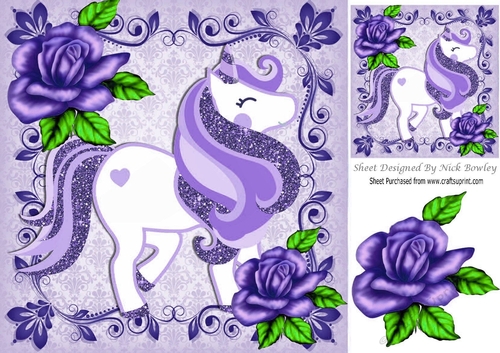 pretty purple glitter rose in ornate frame with purple unicorn 8x8