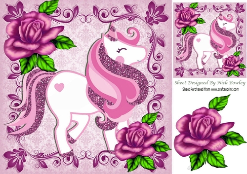 pretty pink glitter rose in ornate frame with pink unicorn 8x8
