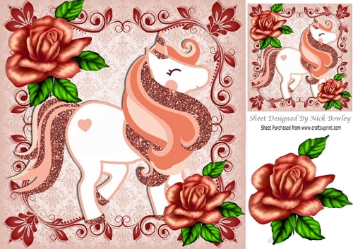 pretty peach glitter rose in ornate frame with peach unicorn 8x8