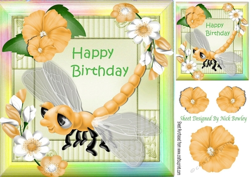 Cute Fantasy Dragonfly with flowers in yellow rainbow frame 8x8