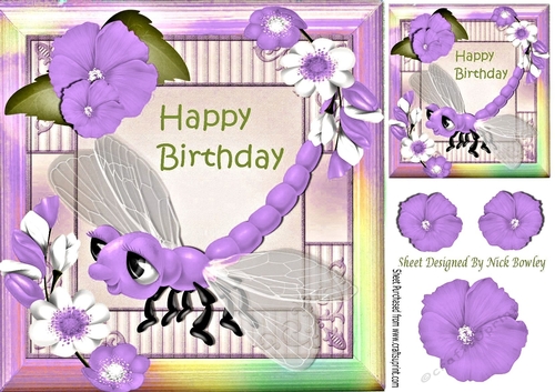 Cute Fantasy purple Dragonfly with flowers in rainbow frame 8x8