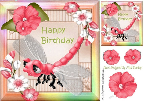 Cute Fantasy rose Dragonfly with flowers in rainbow frame 8x8