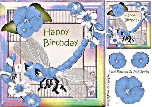 Cute Fantasy blue Dragonfly with flowers in rainbow frame 8x8