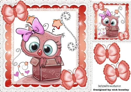 Cute owl in heart box with red butterflies & sparkle 8x8
