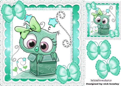 Cute owl in heart box with turq butterflies & sparkle 8x8