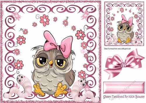 lovely owl in bow with little toony worms in pink scroll frame 8x8