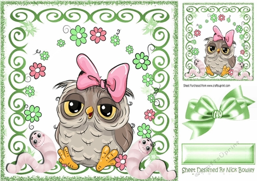 lovely owl in bow with little toony worms in green scroll frame with bow 8x8