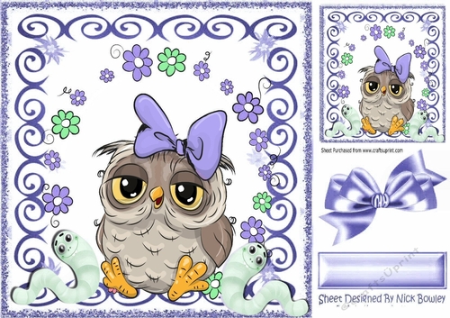 lovely owl in bow with little toony worms in purple scroll frame with bow 8x8