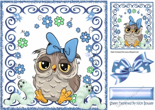 lovely owl in bow with little toony worms in blue scroll frame with bow 8x8