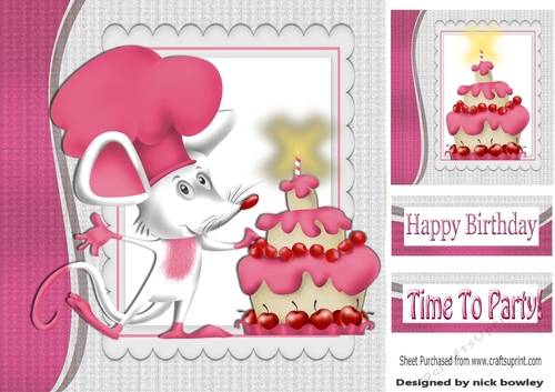 Time to party, chef mouse with pink birthday cake 8x8