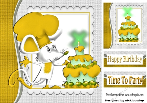 Time to party, chef mouse with  gold birthday cake 8x8