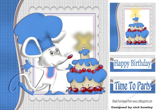 Time to party, chef mouse with  blue birthday cake 8x8