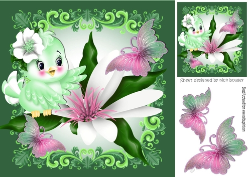 pretty little green bird on a flower with butterflies 8x8