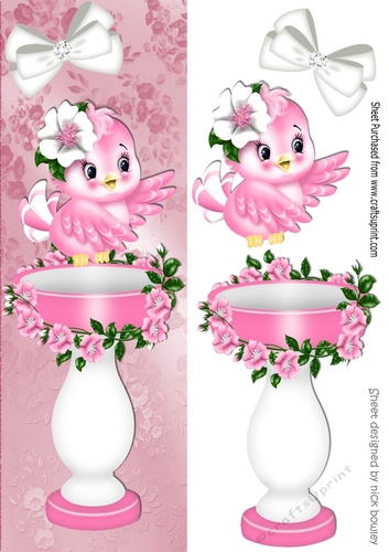 cute little pink bird with bird bath and flowers Tall DL