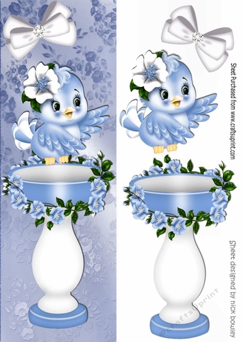 cute little blue bird with bird bath and flowers Tall DL