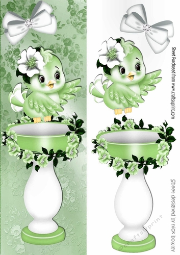 cute little green bird with bird bath and flowers Tall DL