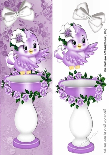 cute little purple bird with bird bath and flowers Tall DL