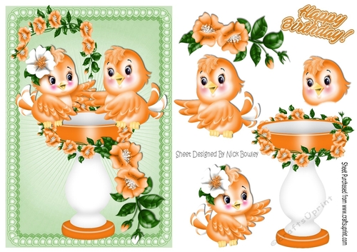 Cute peach birds with bird bath & flowers A5