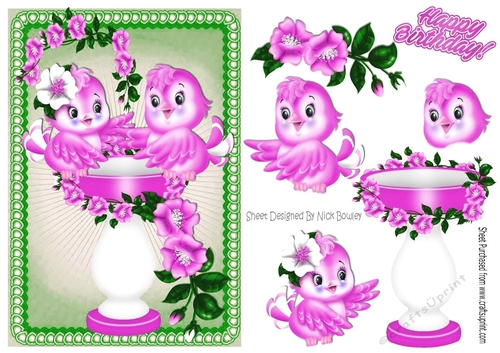 cute pink birds with flowers and bird bath A5