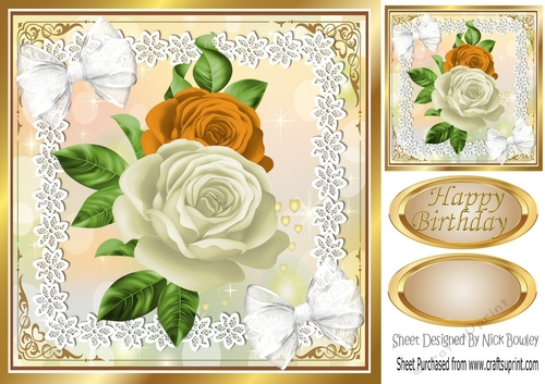 pretty cream and gold roses, in ornate frame with lace 8x8