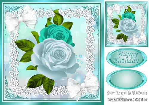 pretty A5 turq roses in heart pyramids with organza bow