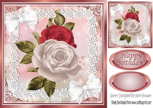 pretty roses in shades of pink, in ornate frame with lace 8x8