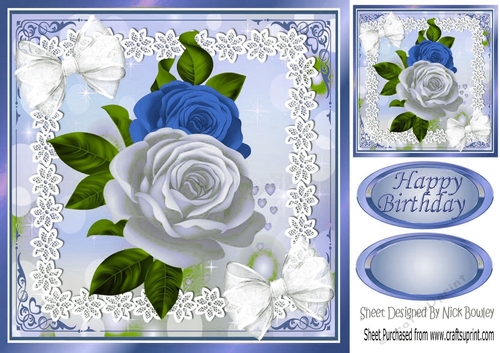 pretty A5 blue shades of roses in heart pyramids with organza bow