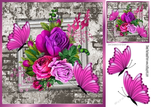 Pretty cerise roses on brick effect wall with butterflies 8x8
