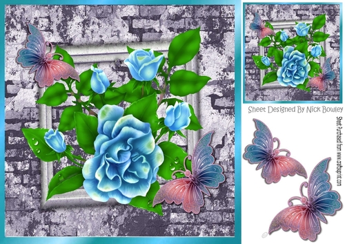 Pretty turq roses on brick effect wall with butterflies 8x8