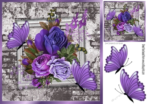 Pretty purple roses on brick effect wall with butterflies 8x8