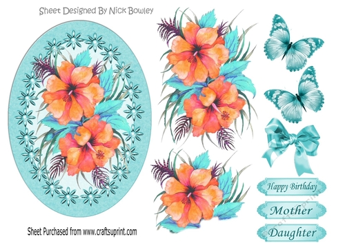 painted peach Hibiscus flowers in pearl frame with butterflies