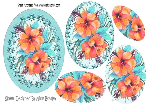 painted peach hibiscus flowers in pearl frame, oval pyramids