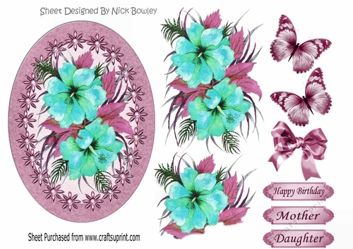 painted turq Hibiscus flowers in pearl frame with butterflies