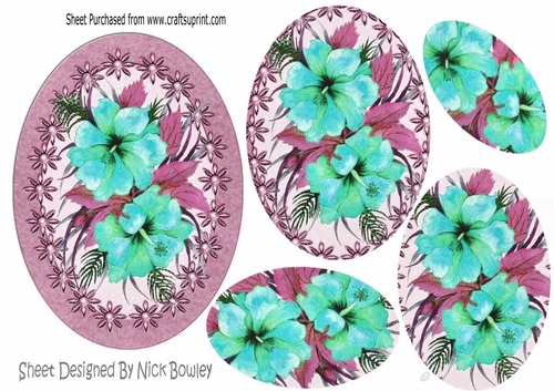 painted turq hibiscus flowers in pearl frame, oval pyramids