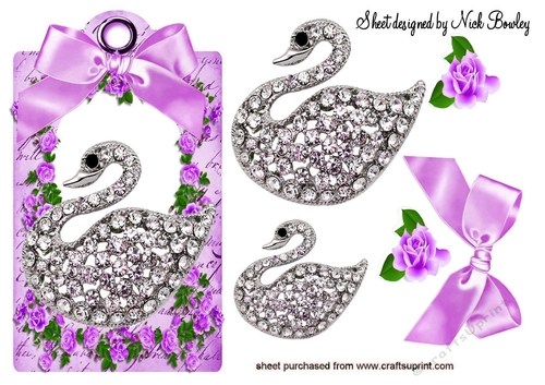 pretty diamond swan with lilac roses & bow on a tag