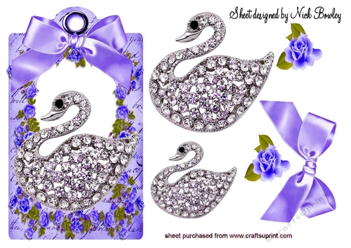 pretty diamond swan with purple roses & bow on a tag