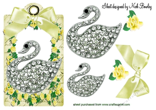 pretty diamond swan with yellow roses & bow on a tag