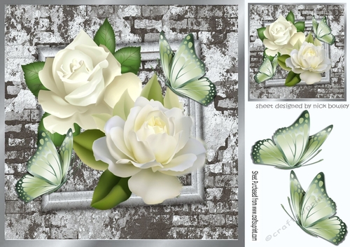 White roses with brick effect frame with butterflies 8x8
