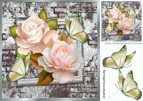 peach roses with brick effect frame with butterflies 8x8