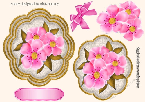 pretty pink flowers on a ornate topper with corner bows
