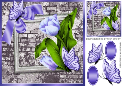pretty corner purple tulips & butterflies with brick effect wall 8x8