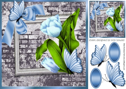 pretty corner blue tulips & butterflies with brick effect wall 8x8