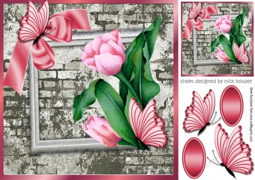 pretty corner rose tulips & butterflies with brick effect wall 8x8