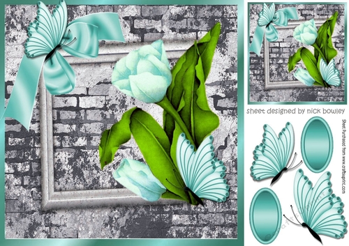 pretty corner turq tulips & butterflies with brick effect wall 8x8
