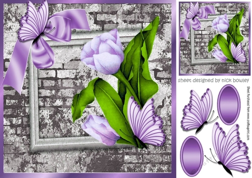 pretty corner lilac tulips & butterflies with brick effect wall 8x8