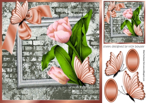 pretty corner peach tulips & butterflies with brick effect wall 8x8