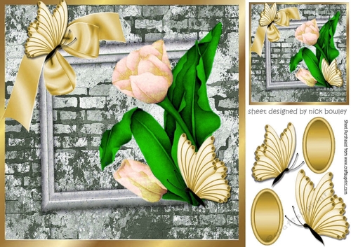 pretty corner gold tulips & butterflies with brick effect wall 8x8