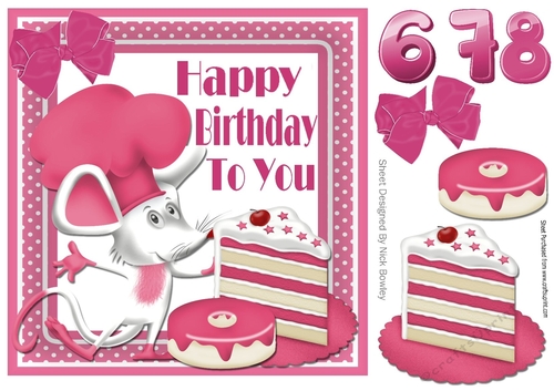 Cute  chef mouse with raspberry birthday cake and ages 6,7, 8 8x8
